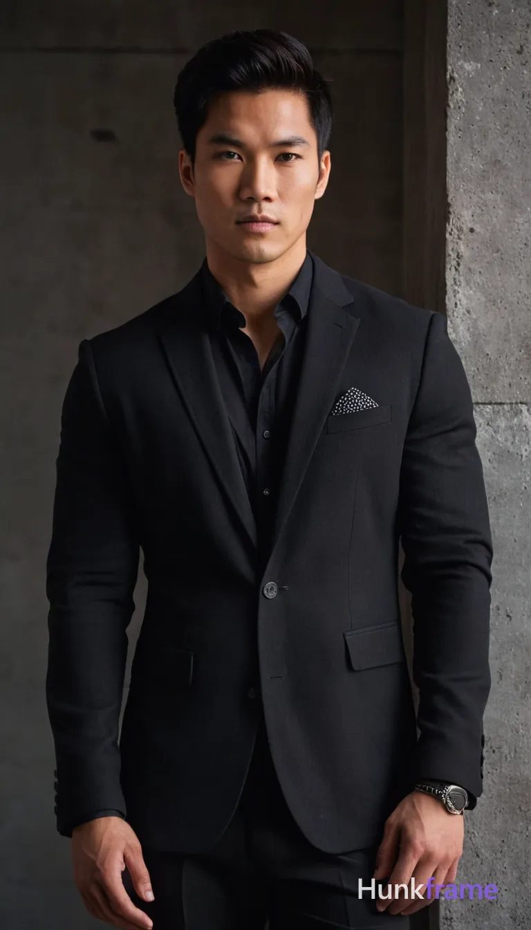 A handsome young Asian man standing against an urban backdrop of a textured concrete wall with soft cinematic lighting creating subtle shadows. He is dressed in a stylish black ensemble, featuring a tailored blazer over a button-down shirt paired with fitted trousers. The subject's chiseled features and muscular build are highlighted by the moody atmosphere and muted color palette dominated by grays and blacks