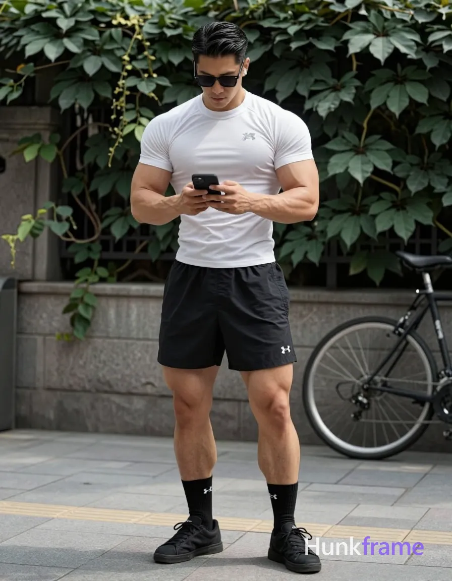 Asian man with short black side-parted slick-back hair and dark-tinted rectangular sunglasses stands on a paved sidewalk, holding a black smartphone with both hands at chest level; He wears a white tight-fitting an anonymous figure compression t-shirt with logo visible on left chest, black athletic shorts with white UA logo lower left leg, black crew socks with small white Nike swoosh outer ankle area, and black low-top sneakers; Full-body shot from head to mid-calf showing broad shoulders, defined pectorals, visible abdominal definition, thick muscular thighs, well-defined calves; Body angled slightly right toward a bicycle leaning against stone wall background on the right third; Green ivy-covered fence behind subject under natural daylight casting soft shadows; Vertical portrait orientation 13:19 aspect ratio with realistic depth of field blurring background slightly; The adult man visibly wears dark-tinted sunglasses worn on face; rectangular frame shape, thin black rims, opaque lenses obscuring eye details on his face; preserve the exact frame shape, rim style, color, material, and lens tint; FULL; single clean uninterrupted photograph with a cohesive editorial composition and plain continuous surrounding surfaces