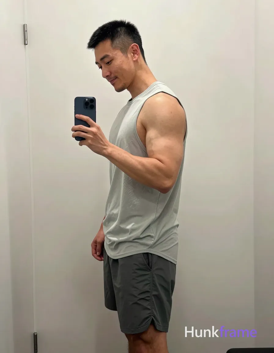 Asian man with short black buzz cut and light stubble smiles while taking a mirror selfie, standing sideways in left profile; He wears a loose light gray sleeveless athletic tank top revealing broad shoulders, defined biceps, triceps, and abdominal definition over dark gray mid-thigh shorts; Holding a dark blue smartphone vertically at chest level with his right hand, head tilted down toward the screen reflection; Vertical full-body shot from mid-thigh up occupying two-thirds of frame; left third shows white door with silver handle; Soft ambient indoor lighting on off-white walls creates clean minimalist composition and naturalistic color grading; single clean uninterrupted photograph with a cohesive editorial composition and plain continuous surrounding surfaces