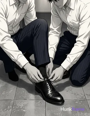 High-resolution anime 2.5D next-gen rendering of two adult men in a tight close-up fashion editorial