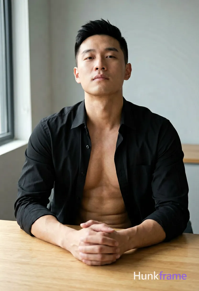 Asian man with short black styled upward hair and clean-shaven face, seated at a light wood desk in an indoor office. He wears a black long-sleeve button-up shirt unbuttoned at the top revealing upper chest and collarbone area. Torso angled toward camera with head tilted back slightly, arms resting on surface, hands clasped or interlaced in front of chest. Waist-up portrait centered composition showing broad shoulders, defined pectorals, visible abdominal definition. Soft directional key from left side creates high contrast lighting against a plain light gray wall and window edge. Premium fashion editorial aesthetic with sharp focus., wearing underwear or swim trunks, covered genitals, no frontal nudity, a single uninterrupted photograph only, no written words or typography anywhere in frame, no captions, no app UI, no social-media post layout, no screenshot borders