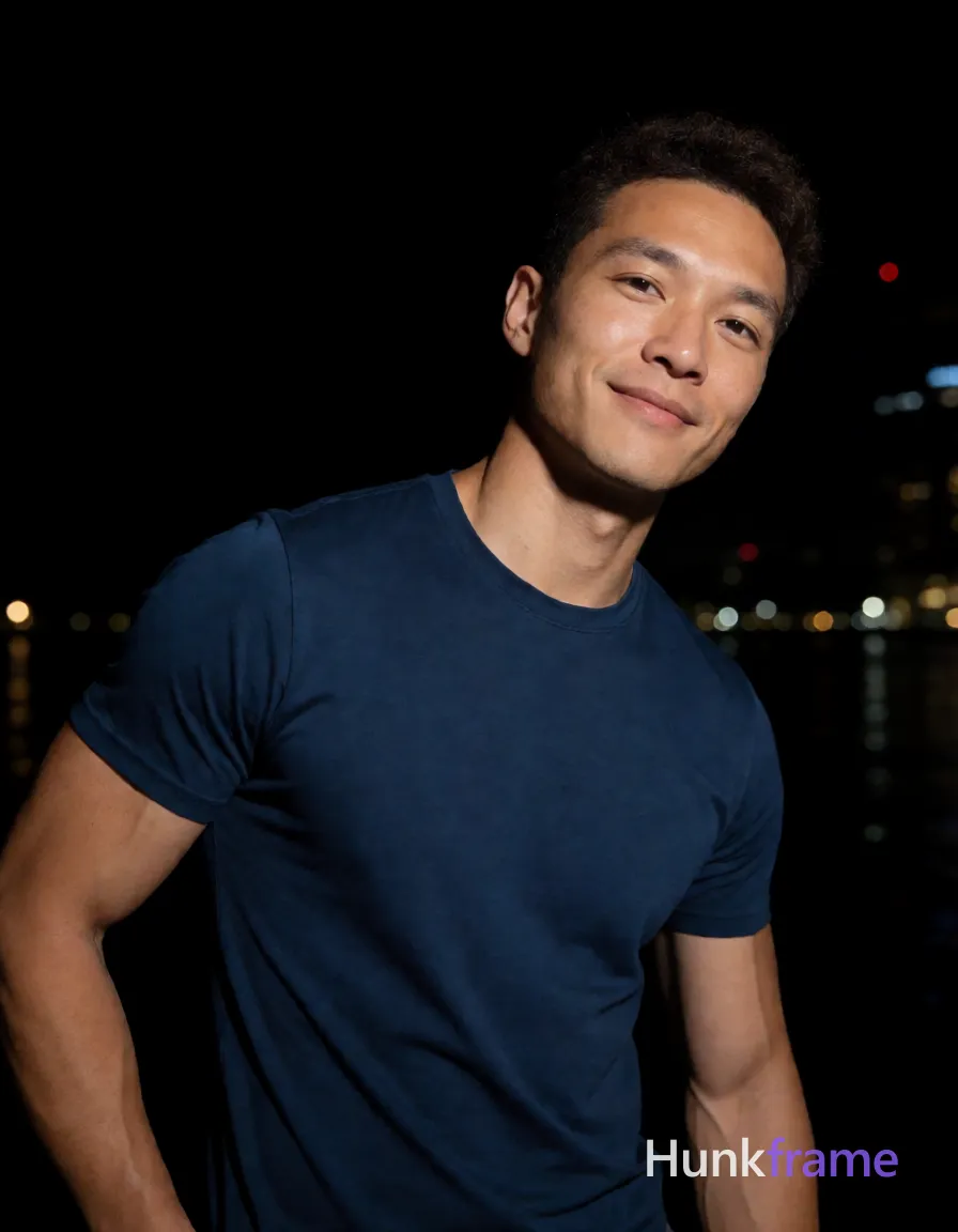Asian man with light to medium tan skin and short dark brown textured hair, clean-shaven face wearing a subtle confident smile with head tilted right; Standing relaxed in night photography low-light capture; torso angled toward camera, left arm bent near hip partially out of frame, right arm extended downward cropped from view; Wearing dark blue short-sleeve t-shirt fully clothed athletic build defined shoulders and biceps against black background with distant city lights and water reflections visible behind subject; Portrait centered head and upper torso fully visible lower body cropped at waist hips vertical portrait orientation 13:19 aspect ratio dramatic lighting sculpted pose homoerotic aesthetic premium fashion editorial fine art photography photo medium; single clean uninterrupted photograph with a cohesive editorial composition and plain continuous surrounding surfaces