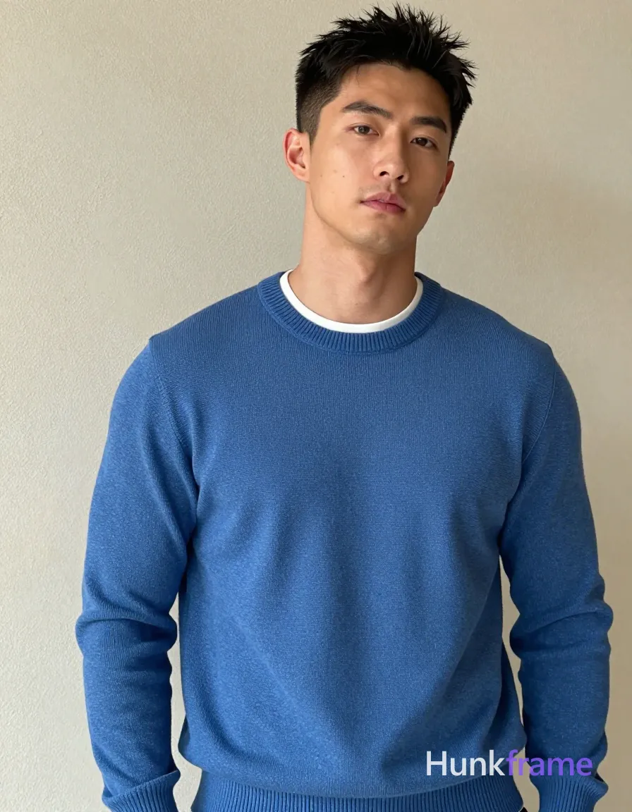 A handsome masculine man standing straight with head slightly tilted forward, wearing a blue ribbed sweater over a white t-shirt. He is fully clothed with no exposed skin, showcasing defined jawline and neck muscles. The image has a soft lighting on a textured beige/cream wall background, creating a calm and composed mood. Tack-sharp focus, capturing every detail of his structured appearance