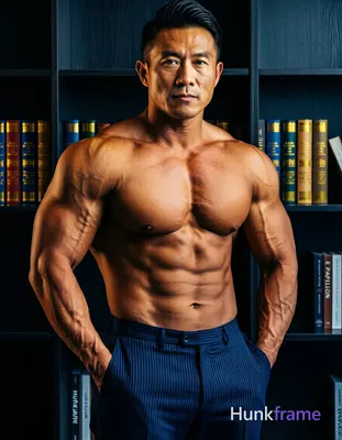 Asian man with tanned skin and short black hair styled back, clean-shaven face with neutral direct g