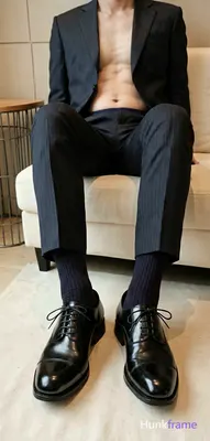 Adult man seated with legs extended forward, feet resting on a light-colored sur