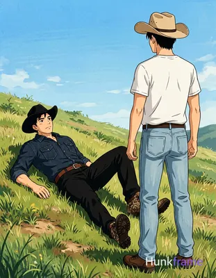 Polished 2.5D anime rendering of two adult men on a grassy hillside under clear 