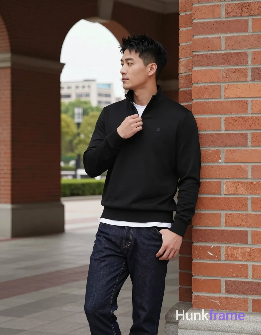 Asian man, light-medium skin, short textured black hair styled upward at the crown with tapered sides and slight flyaways, clean-shaven smooth chin; Standing upright leaning slightly against a red brick pillar on his right side, left hand resting near hip pocket, right hand adjusting collar of black long-sleeve quarter-zip pullover with small embroidered logo; White crew-neck undershirt visible at neckline and hemline covering upper chest below neck but leaving neck and collarbone area exposed above zipper line; Dark wash denim jeans with visible stitching along front seams; Full-body shot from head to mid-thighs, vertical portrait orientation 13:19 aspect ratio; Outdoor architectural space with open archway revealing green trees and distant buildings under overcast sky; Soft diffused daylight highlighting facial structure and fabric texture; Clean composition with strong architectural lines framing subject in center-left position between pillar and archway; Contemplative mood, casual elegance, urban sophistication; single clean uninterrupted photograph with a cohesive editorial composition and plain continuous surrounding surfaces