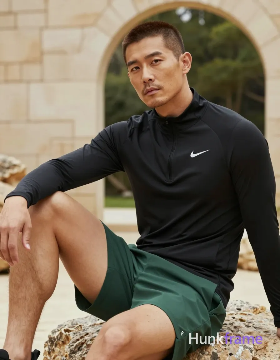 Asian man with medium-tan skin and short dark brown buzz cut, light stubble on jawline. Seated on rock surface outdoors near large archway, torso angled toward camera, left arm resting along thigh, right leg bent knee up showing thick thigh, left leg obscured by frame edge. Wearing black long-sleeve athletic top with partial front zipper and white Nike swoosh on chest, dark green shorts. Fully clothed adult occupying left two-thirds of vertical portrait frame 13:19. Natural daylight soft directional light from upper right, shallow depth of field, beige stone background with forest green foliage. Calm contemplative mood, premium fashion editorial photography style., a single uninterrupted photograph only, no written words or typography anywhere in frame, no captions, no app UI, no social-media post layout, no screenshot borders