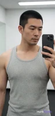 Asian man with short black buzz cut and light stubble stands facing a gym mirror, holding phone for
