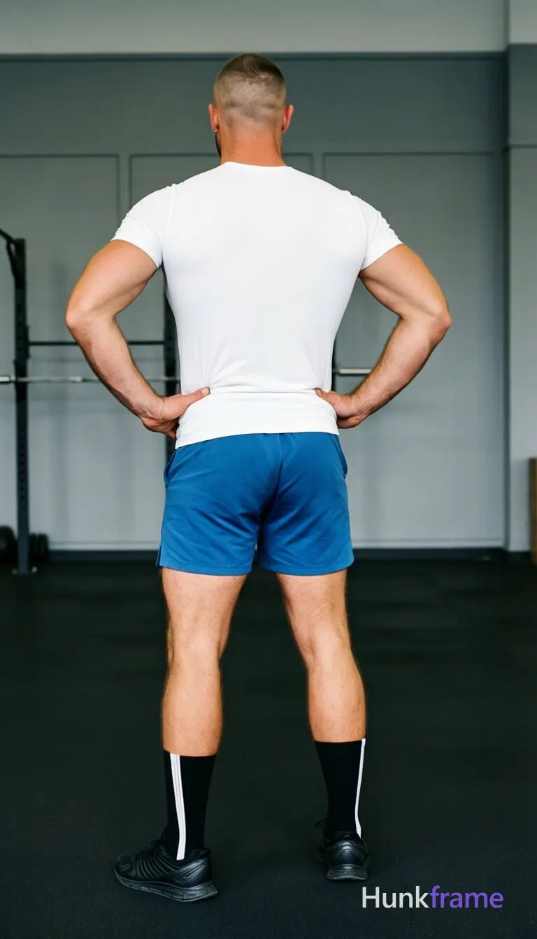 Full body vertical shot from behind of an adult man with light to medium skin and a short dark buzz cut; He stands centered in a minimalist indoor gym, hands placed firmly on hips, left foot slightly forward; Wearing a white fitted short-sleeve t-shirt covering the torso completely, blue athletic shorts ending mid-thigh, black crew socks with a white vertical stripe on outer calf, and black athletic sneakers; Broad shoulders, defined lats, thick thighs visible under clean studio lighting; Even exposure, dark rubber flooring background, gray paneled walls, neutral focused mood; single clean uninterrupted photograph with a cohesive editorial composition and plain continuous surrounding surfaces