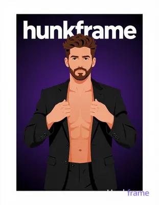 Bold flat-color poster wall art graphic design of adult white man with fair warm skin, dark brown vo