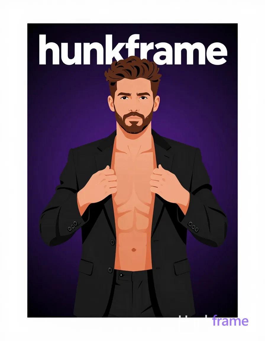 Bold flat-color poster wall art graphic design of adult white man with fair warm skin, dark brown voluminous textured hair styled upward back, short neat beard and mustache; Standing upright facing forward adjusting black tailored suit jacket worn open over bare chest with both hands near button area gripping lapels to keep opening wide; Shirtless showing defined pectoral muscles and toned abdominal definition visible through jacket against seamless dark purple-to-black gradient backdrop; High-contrast color blocking, clean vector line aesthetic emphasizing sculpted form without text or logos; Vertical portrait orientation 13:19 aspect ratio; FULL TEXT REPLACEMENT: remove every original source word, sentence, slogan, logo, and partial spelling from the text-bearing area, then replace it with only the wordmark, spelled exactly "hunkframe" in the original compositional text position; This is replacement; Preserve appropriate typography and scale; No other visible text, logo, caption, username, hashtag, comment, watermark, or UI chrome; single clean uninterrupted photograph with a cohesive editorial composition and plain continuous surrounding surfaces