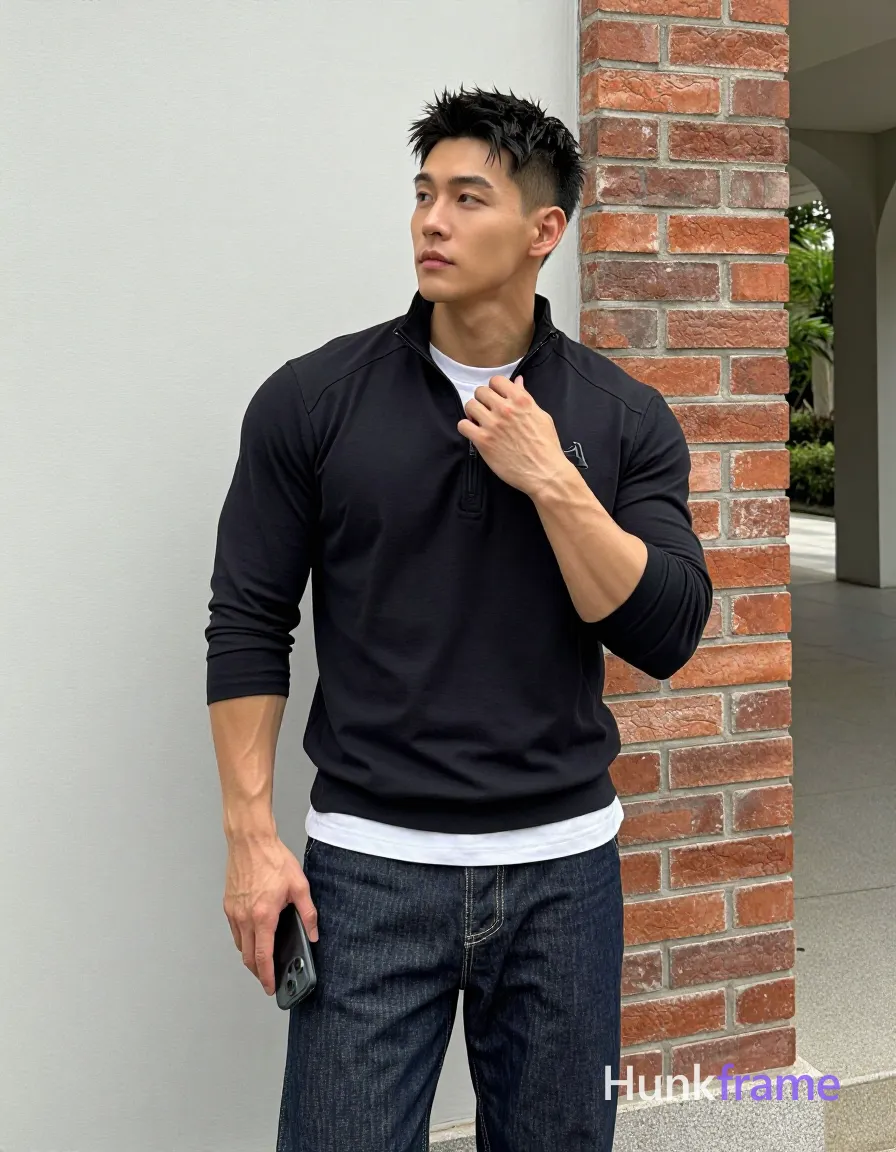 Asian man, light-medium skin, short textured black hair styled upward at the crown with tapered sides and slight flyaways, clean-shaven smooth jawline; Standing upright leaning slightly against a red brick pillar on his right side in an outdoor architectural space; Left hand resting near hip pocket, right hand adjusting collar of black long-sleeve quarter-zip pullover with small embroidered logo; White crew-neck undershirt visible at neckline and hemline over lean build with defined shoulders and arms; Dark wash denim jeans with visible stitching along front seams from head to mid-thighs vertical orientation; Smartphone held naturally in left hand capturing mirror reflection, greenery visible through open archway to right under soft diffused daylight, shot on iPhone 15 Pro main camera, authentic smartphone computational photography, natural Smart HDR and true-to-life skin texture, vertical 9:16 Xiaohongshu lifestyle feed, bright clean everyday scene, unretouched phone photo with subtle sensor grain, trendy Chinese internet 网红 aesthetic, candid influencer energy; single clean uninterrupted photograph with a cohesive editorial composition and plain continuous surrounding surfaces