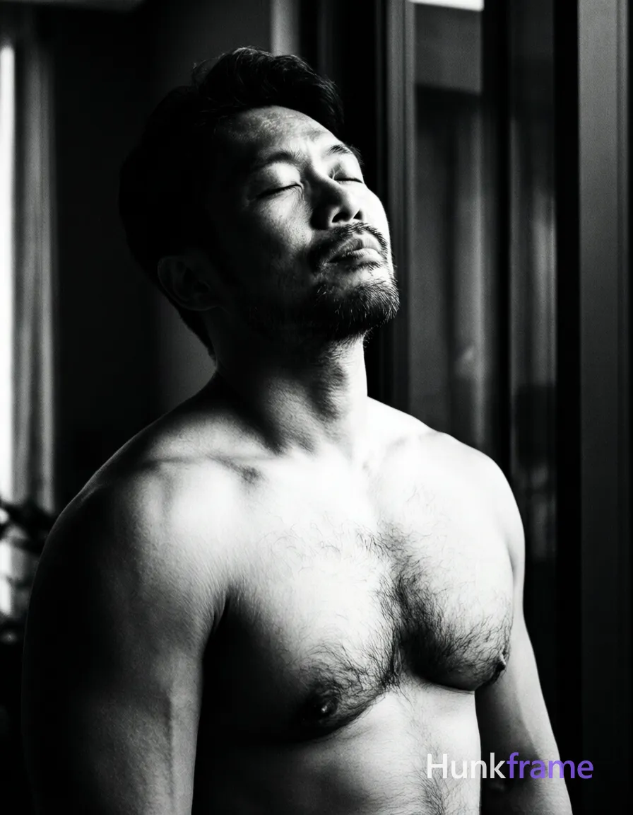 An Asian man with medium-dark skin and a dark, short hairstyle styled upward stands shirtless in an upper-body close-up. He has defined pectorals, visible abdominal definition, broad shoulders, and facial hair including a goatee on the chin and mustache. His eyes are closed or nearly closed with a neutral to contemplative mouth while his head tilts slightly upward and back, gazing away from the camera. The setting is an indoor space with a dark background featuring subtle vertical lines suggesting glass panes. High-contrast chiaroscuro lighting strikes strongly from the right side of the frame against monochrome black-and-white tones. Grainy film texture overlays soft focus on the indistinct background while shallow depth of field centers him filling most of the portrait composition