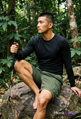 Asian man medium-tan skin short black buzz cut styled top light stubble seated on rock in forest tor