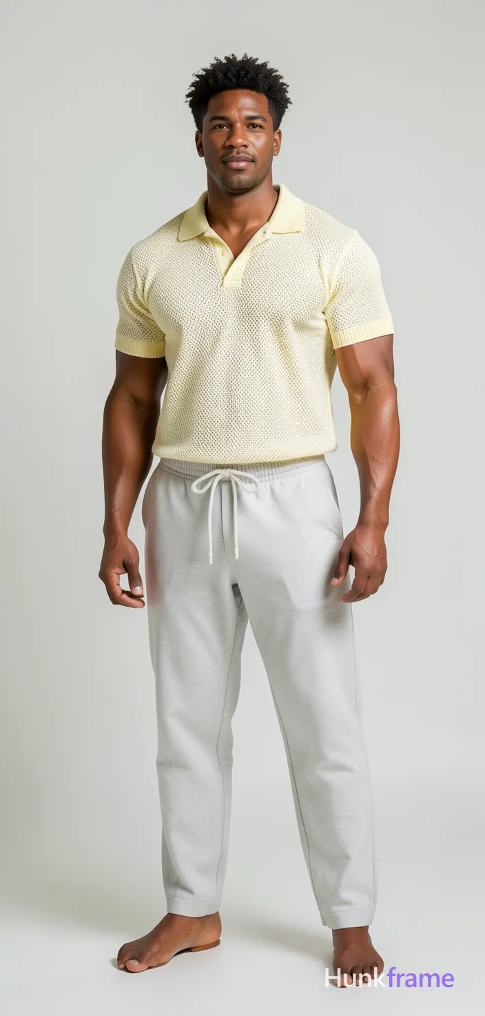 freshly generated candid Xiaohongshu lifestyle photo, brand new full-body composition with a different pose, camera angle and background, both hands relaxed, not a mirror selfie, short-sleeved polo shirt in pale yellow/cream knit fabric with textured open-weave pattern and ribbed collar/cuffs/hem, light grey or off-white drawstring pants (waistband visible), broad shoulders, defined biceps and forearms, authentic social-feed lifestyle mood, reference lighting and color treatment: Fashion editorial photo with soft indoor lighting highlighting textured knit polo fabric, neutral palette of pale yellow and light grey, clean minimalist background, same aesthetic theme and photo feel as the reference but a different man in a different pose with distinct body proportions, Pacific Islander man, sun-kissed skin, stocky powerful legs, short curly hair; single clean uninterrupted photograph with a cohesive editorial composition and plain continuous surrounding surfaces