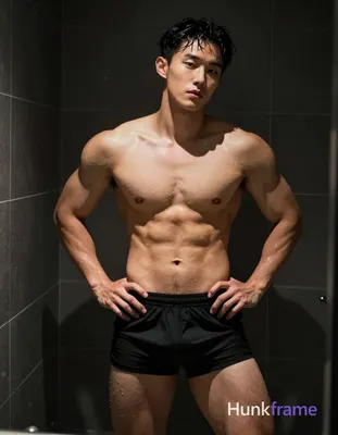 Asian man with light to medium tan skin glistening from water droplets, standing in a dark tiled sho