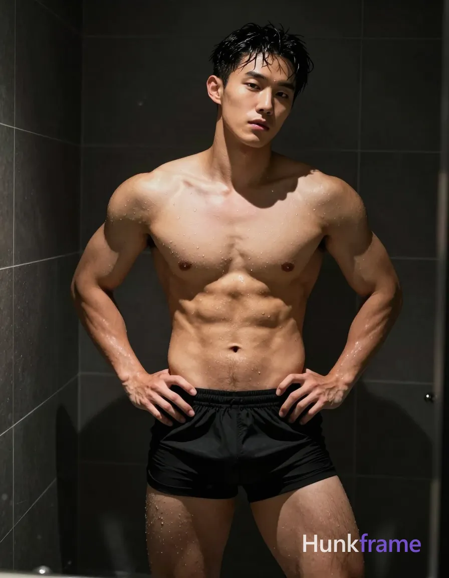Asian man with light to medium tan skin glistening from water droplets, standing in a dark tiled shower; He is shirtless wearing black athletic-style shorts, torso angled slightly right with left hand on hip and right arm extended holding the camera for a selfie angle; Broad shoulders, defined pectorals, six-pack abs, and thick thighs are sculpted by dramatic overhead lighting creating wet highlights against deep shadows; High-contrast fine-art photography capturing broad shoulders, defined pectorals, six-pack abs, thick thighs partially visible under black shorts with minimal chest hair above the left nipple; Neutral contemplative gaze directed off-camera, clean-shaven face with slicked-back short black hair tousled by running water; Vertical portrait composition filling frame from head to mid-thighs, same aesthetic theme and photo feel as the reference but a different man in a different pose with distinct body proportions, lean Korean man, sharp jaw, monolid eyes, slim swimmer build, natural black hair; single clean uninterrupted photograph with a cohesive editorial composition and plain continuous surrounding surfaces