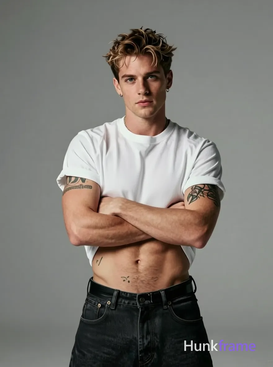 A handsome masculine man standing confidently with his arms crossed over his chest, torso slightly leaned forward, emphasizing his muscular physique. He wears a white graphic t-shirt with text on the front and dark jeans secured by a belt. His midsection and abs are bare, revealing tattoos on both arms and one on his lower abdomen. The setting is a studio environment with soft lighting that highlights the subject's features without harsh shadows. The mood conveys confidence and strength, fitting well within masculine fine-art aesthetics. The composition focuses on showcasing his athletic build and tattoos in an artistic manner