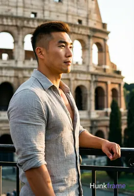 Asian man with short dark brown undercut hair and clean-shaven face, standing in