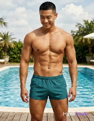 Asian adult man with short black buzz cut and clean-shaven face, smiling gently while looking downwa