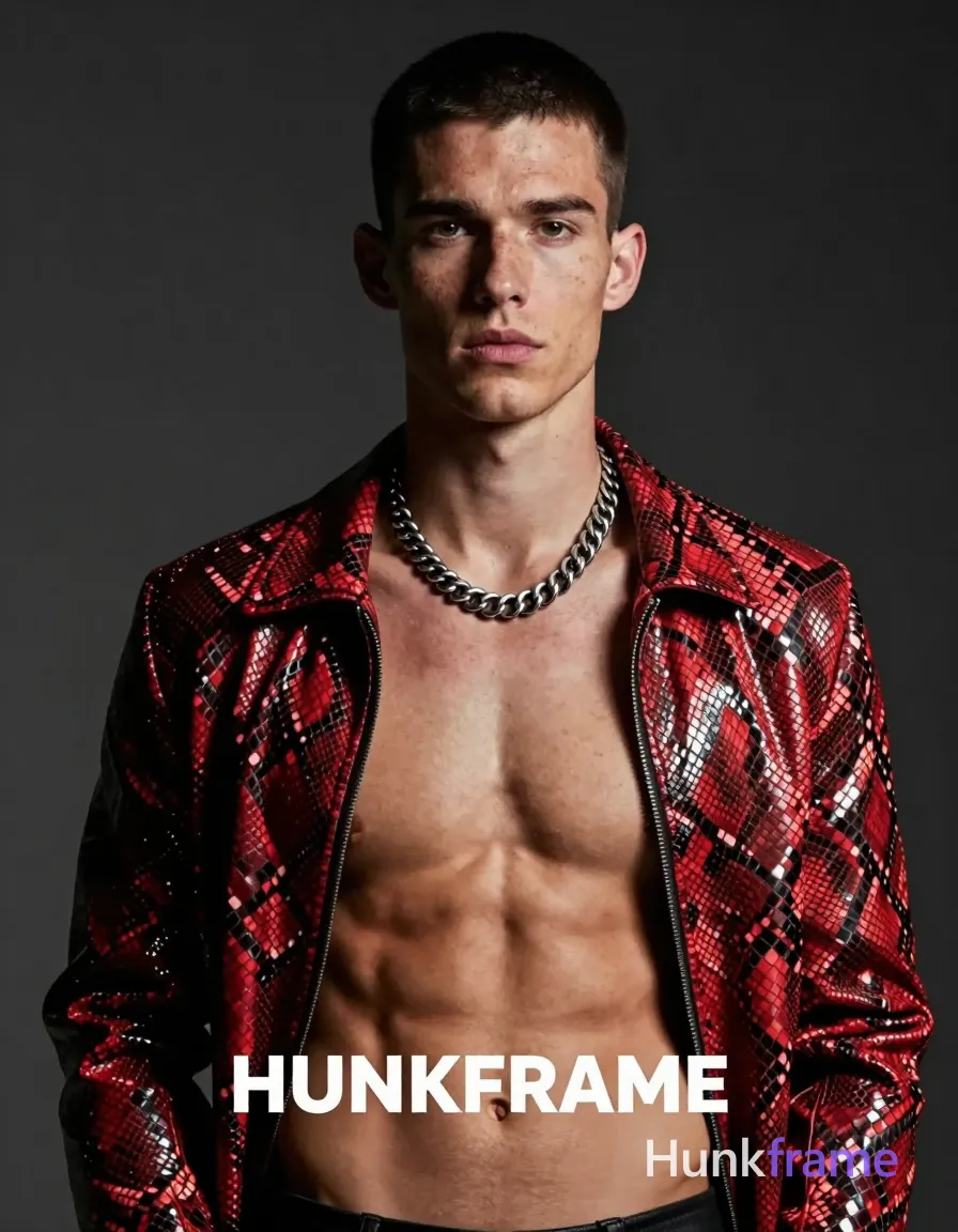 A white man with fair freckled skin and short dark cropped hair faces the camera head-and-shoulders, shirtless displaying a lean build and defined jawline. He wears an open red-brown snakeskin-patterned jacket over silver metallic chains around his neck in a studio setting. Dramatic directional lighting from front-left highlights his physique against a plain dark gray background. This vertical portrait captures intense masculine mood with direct gaze. Include exactly one visible wordmark, spelled exactly "HUNKFRAME", in the same compositional text position; preserve its appropriate typography and scale. No other visible text, logo, caption, username, hashtag, comment, watermark, or UI chrome., same aesthetic theme and photo feel as the reference but a different man in a different pose with distinct body proportions, German man, fair skin, strong brow ridge, lean cyclist legs, a single uninterrupted photograph only, no written words or typography anywhere in frame, no captions, no app UI, no social-media post layout, no screenshot borders