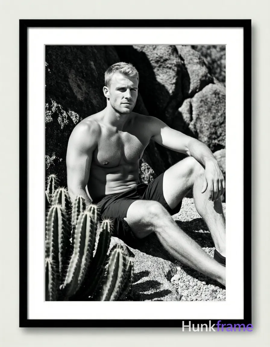 A white male model with short light-colored hair and clean-shaven face sits on rocky ground in a vertical portrait. He is shirtless, displaying lean muscle definition across his chest and abdomen, wearing dark shorts below the waistline. His legs are bent with torso slightly turned rightward; left arm rests near knee while right arm is partially obscured by a foreground cactus cluster. Natural daylight casts high-contrast shadows on textured rock formations behind him. He sits centered within white matting inside a black frame with monochrome palette and sculptural lighting that emphasizes his athletic build in an editorial fine-art photography aesthetic., a single uninterrupted photograph only, no written words or typography anywhere in frame, no captions, no app UI, no social-media post layout, no screenshot borders