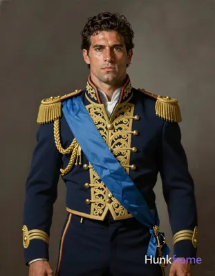 A muscular Caucasian man with fair warm skin and short dark brown hair, sideburn