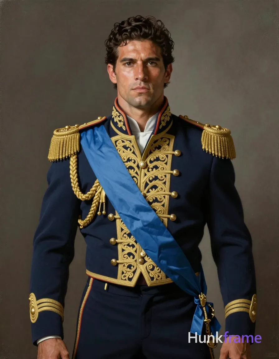 A muscular Caucasian man with fair warm skin and short dark brown hair, sideburns extending below earlobes only; He wears a dark blue military-style jacket featuring ornate gold embroidery on the collar and chest, braided gold epaulets on both shoulders, and a blue sash across his left shoulder to right hip over a white high-collared shirt; Upper torso portrait facing forward with head centered in frame against a muted gray-brown atmospheric background; Soft directional lighting from front-left casts subtle shadows on the right side of face and uniform; Fine-art painting style, classical aesthetic, formal dignified mood, same aesthetic theme and photo feel as the reference but a different man in a different pose with distinct body proportions, Mexican man, bronze skin, strong jaw, thick wavy hair, soccer-player lean legs; single clean uninterrupted artwork with a cohesive composition and plain continuous surrounding surfaces