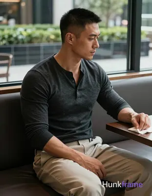 Photograph of exactly 1 adult man. Man 1: Asian, medium-tan, square-jawed with defined cheekbones, s