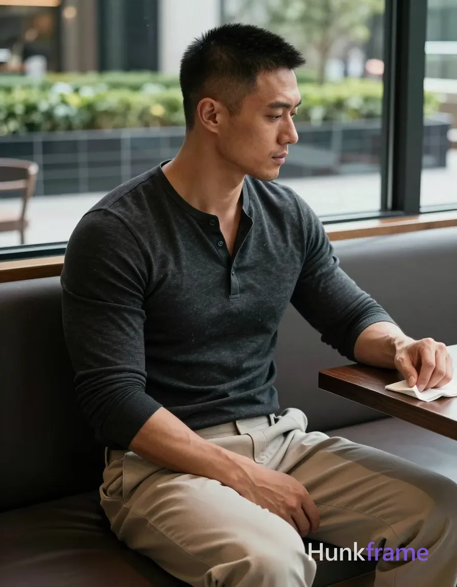 Photograph of exactly 1 adult man. Man 1: Asian, medium-tan, square-jawed with defined cheekbones, short buzz cut, dark brown/black, textured top with faded sides and back, clean-shaven with light stubble on chin and jawline. Man 1 has fully exposed eyes, eyebrows, temples and nose bridge. Broad shoulders, defined pectorals contrast with thick thighs in a sculpted masculine build. Seated sideways reaching for napkin while resting hand on thigh with calm contemplative profile gaze downward. Dark charcoal long-sleeve henley buttoned to mid-chest revealing collarbones over light beige wide-leg trousers. Vertical portrait crop centering the subject in profile facing right toward window, dark wood table surface. Indoor cafe booth with large glass window overlooking manicured garden against a backdrop of black tiles. Natural daylight creates soft highlights on face and arms while dramatic shadows sculpt the interior mood. Fine-art photography aesthetic emphasizing masculine form within quiet luxury framing and muted earth-tone palette