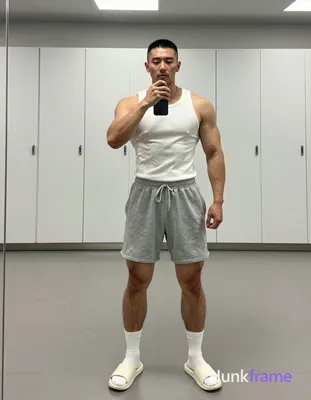 Asian man with short black buzz cut and light stubble stands full-body in front of a large mirror, f