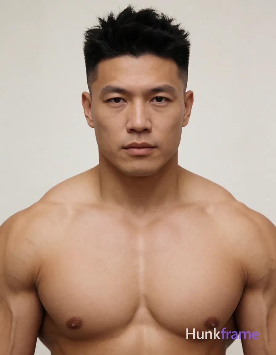 Heavily muscular adult man with substantial muscle mass, wide shoulders, thick neck, large chest and arms, powerful thighs, and dense bodybuilding proportions; an anonymous figure man with short textured black hair styled upward in a spiky fashion sides tapered fade clean-shaven face neutral direct gaze; single clean uninterrupted photograph with a cohesive editorial composition and plain continuous surrounding surfaces