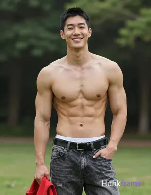 Asian man with light tan skin and short black buzz cut stands upright in a park 