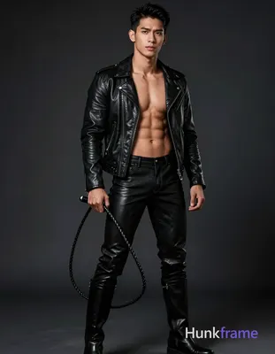 A handsome Asian man with medium-dark skin and short black hair stands full-body against a dark stud