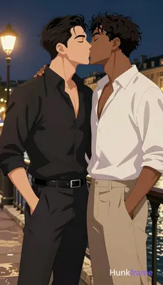 Polished anime 2.5D rendering of two adult Asian men in a passionate kiss at nig