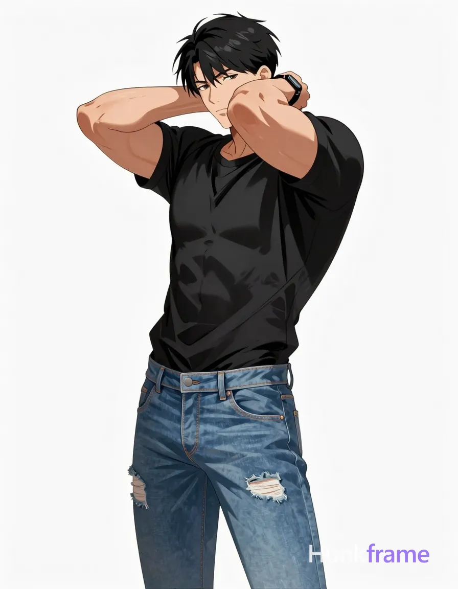 Polished anime 2.5D rendering of an adult man with short black hair and defined biceps standing against a plain white background, torso twisted right. He wears a black graphic tee and light blue distressed jeans with rips at thighs, forearms raised clasping hands behind neck obscuring face. Soft studio lighting creates gentle highlights on skin and fabric details in mid-thigh up full-body shot. Clean composition emphasizes athletic anatomy and stylish wardrobe., a single uninterrupted photograph only, no written words or typography anywhere in frame, no captions, no app UI, no social-media post layout, no screenshot borders