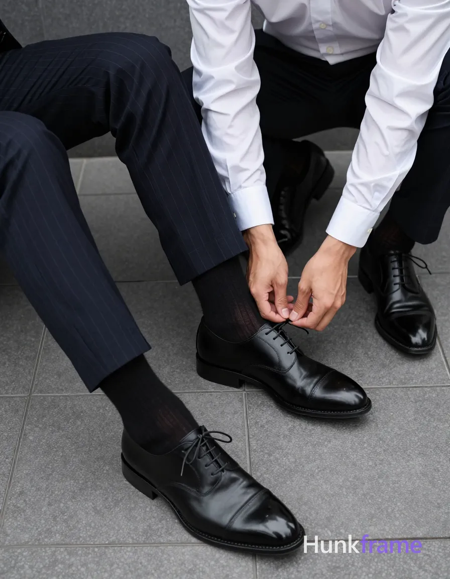 Two adult men in a tight close-up fashion editorial shot focusing on lower legs and hands against large gray square tiles. One man sits with thick thighs extended, one leg bent, while the other kneels beside him to assist tying black leather cap-toe dress shoe laces. Both wear white long-sleeve button-ups with cuffs visible, dark pinstripe suit trousers, and black socks; kneeling subject wears striped socks. Soft directional overhead lighting casts subtle shadows under shoes along tile seams in a monochrome palette of black, white, navy, and gray. The composition is vertically oriented 13:19 portrait, cropped to exclude faces for an intimate, refined mood emphasizing texture and form., a single uninterrupted photograph only, no written words or typography anywhere in frame, no captions, no app UI, no social-media post layout, no screenshot borders