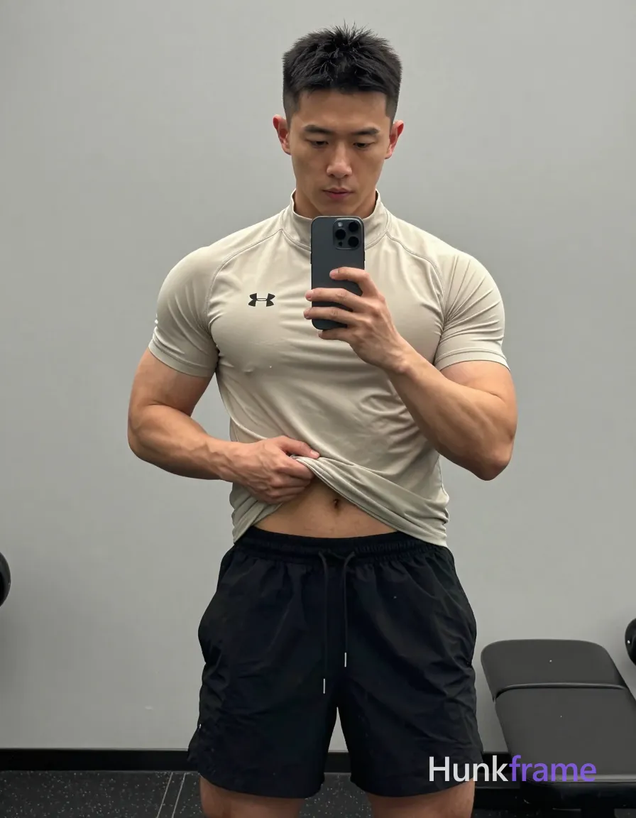 Photograph of exactly 1 adult man. Man 1: Asian, light-medium, square-jawed with defined cheekbones, short black hair, textured top and tapered sides, clean-shaven. Man 1 has fully exposed eyes, eyebrows, temples and nose bridge. Broad shoulders with defined pectorals, visible abdominal definition on an Asian man. Standing facing a mirror holding phone while left hand lifts beige shirt hem at waistline. Beige Under Armour quarter-zip athletic shirt, black drawstring shorts exposing lower abdomen. Vertical portrait full-body shot from thighs up centered in the mirror reflection frame. Indoor gym with plain light-gray wall background, black padded bench visible to right side. Soft directional lighting creating subtle shadows on torso face within clean minimalist composition. Fine-art photography premium fashion editorial aesthetic featuring homoerotic sculpted poses