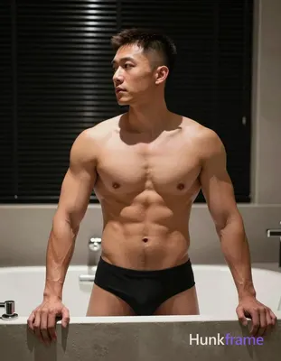 Asian man with tanned skin and short dark brown undercut hair, clean-shaven face with neutral contem