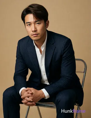Asian man with fair to light tan warm skin, short dark brown hair side-parted sw