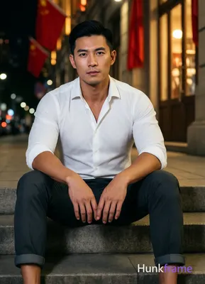Asian man with short black straight side-parted hair and clean-shaven neck, neutral expression gazin