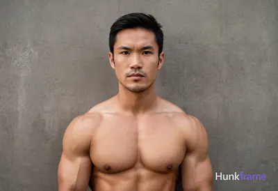 A handsome Asian man with short black hair, brown eyes, and a serious expression
