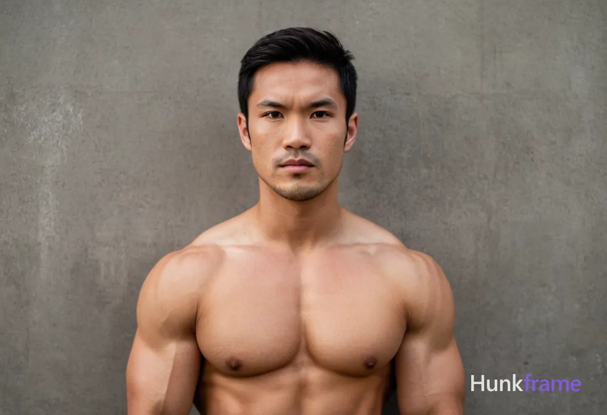A handsome Asian man with short black hair, brown eyes, and a serious expression stands confidently against a textured gray concrete wall. Soft cinematic lighting highlights his muscular build and strong jawline, creating an editorial male beauty photography style that captures sensuality without being explicit