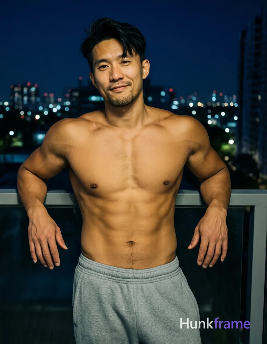 Asian man with light tan skin and short dark black hair styled upward at the crown with side-swept bangs, clean-shaven chin and upper lip with light stubble on jawline only; Standing upright leaning slightly forward against a balcony railing, arms bent at elbows resting on railings with hands open and relaxed, slight smirk with direct gaze toward camera; Shirtless adult bare chest showing broad shoulders defined deltoids visible biceps veins six-pack abs narrow waist wearing gray sweatpants with elastic waistband; Nighttime urban balcony setting with city lights in background dark sky above blurred urban skyline behind subject; High-contrast night photography shallow depth of field blurring background lights natural skin texture preserved under low-light conditions cool-toned artificial ambient light from streetlamps or building windows creating soft highlights on skin vertical portrait orientation 13:19 aspect ratio athletic gym photography defined anatomy dramatic directional light confident strength composition centered vertically and horizontally head near top third line torso filling middle frame legs cropped below waist, same aesthetic theme and; single clean uninterrupted photograph with a cohesive editorial composition and plain continuous surrounding surfaces