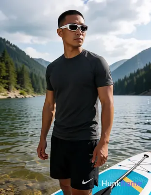 Asian man with light-medium skin and short buzz cut, wearing white-framed rectangular sunglasses pus