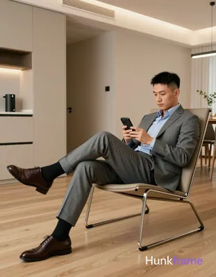Full body shot of an adult man reclining on a modern lounge chair, right side of frame; He has short