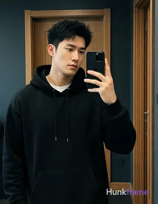 an anonymous figure man with short textured black hair and clean-shaven face, wearing a black oversi