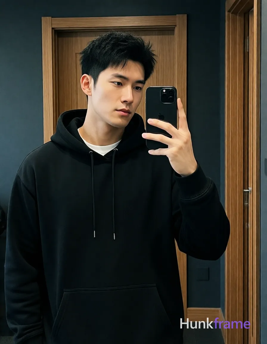 an anonymous figure man with short textured black hair and clean-shaven face, wearing a black oversized hoodie over a white crew-neck t-shirt; Standing upright facing slightly right in an indoor room with dark walls and wooden door frames, holding a black Apple smartphone up to capture a mirror reflection; Soft directional light from front-left illuminates the lean build and fabric texture of the ribbed cuffs; Clean composition focused on facial features and upper body within a chest-up portrait crop, shot on iPhone 15 Pro main camera, authentic smartphone computational photography, natural Smart HDR, vertical 9:16 Xiaohongshu lifestyle post, bright clean gym or cafe scene, wardrobe matching reference outfit, confident everyday blogger pose, phone photo with natural grain, phone held naturally in one hand for selfie, phone visible in frame; single clean uninterrupted photograph with a cohesive editorial composition and plain continuous surrounding surfaces