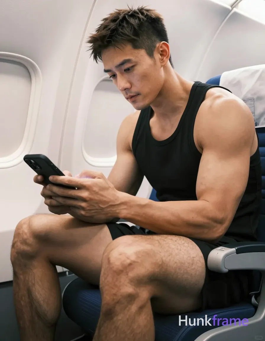 Asian man with light to medium tan skin and short dark brown hair featuring a textured top with faded sides sits in an airplane cabin; He wears a black sleeveless tank top covering his upper torso, fully clothed as an adult male; His right leg is bent upward exposing the knee and thick thigh musculature while dense leg hair covers the limb; left arm holds a black smartphone against the right thigh; Torso angles slightly forward with relaxed expression focused on screen; Soft ambient cabin lighting illuminates sculpted biceps and shoulders; Vertical portrait composition, phone-camera aesthetic, athletic photography emphasizing defined anatomy and confident strength, same aesthetic theme and photo feel as the reference but a different man in a different pose with distinct body proportions, Chinese man, light tan skin, high cheekbones, lean wiry martial-arts physique; single clean uninterrupted photograph with a cohesive editorial composition and plain continuous surrounding surfaces